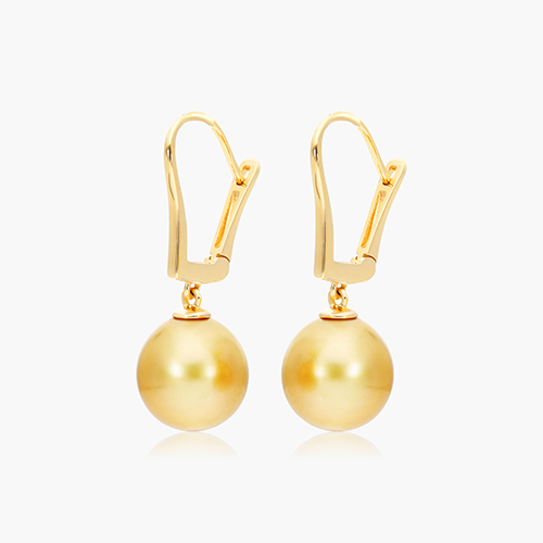 14K Yellow Gold Golden South Sea Cultured Pearl Leverback Drop Earrings (9-10 Mm)