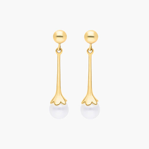 14K Yellow Gold Bellflower Cultured Freshwater Pearl Drop Earrings