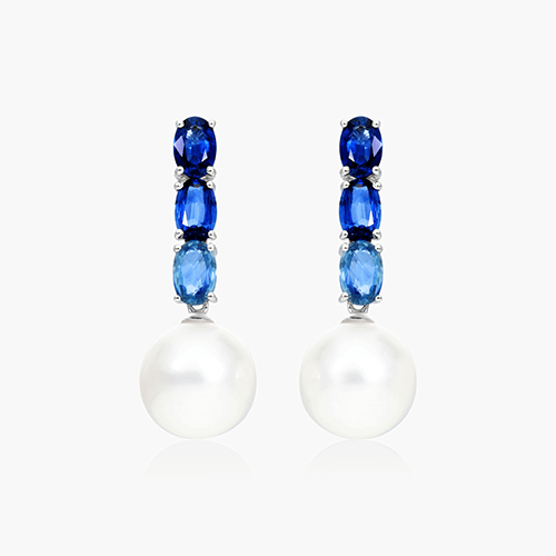 18K White Gold Ombre Sapphires And South Sea Cultured Pearl Drop Earrings (11-12 Mm)