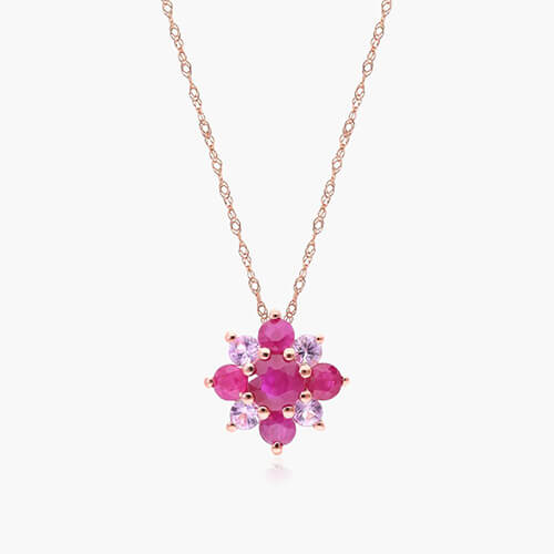 14K Rose Gold Ruby And Pink Sapphire Flower Cluster Pendant