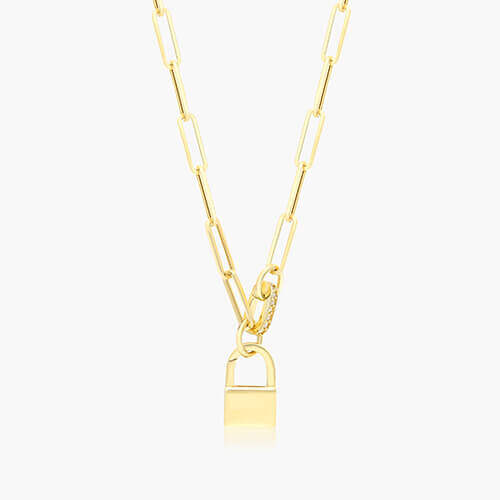 14k Yellow Gold Pad Lock Push Lock Paper Clip Split Chain Necklace