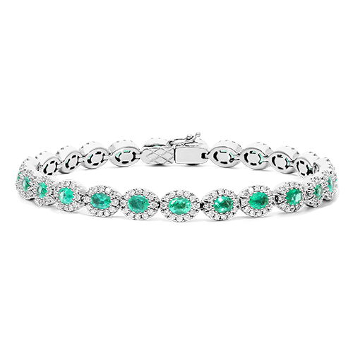 14K White Gold Oval Emerald And Diamond Halo Bracelet