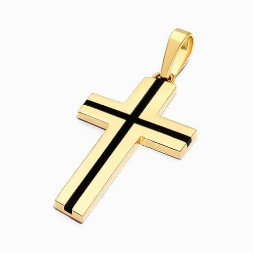 14K Yellow Gold Fancy Black Enamel Accent Cross