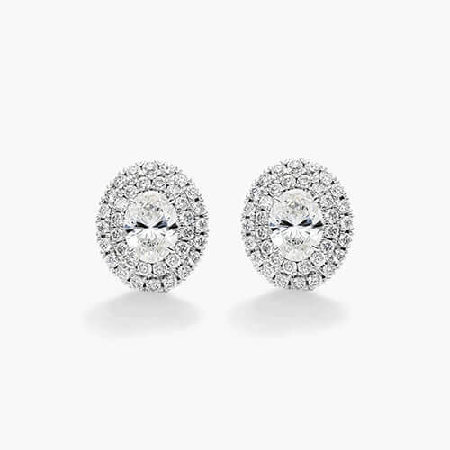 18K White Gold Double Halo Oval Diamond Earrings