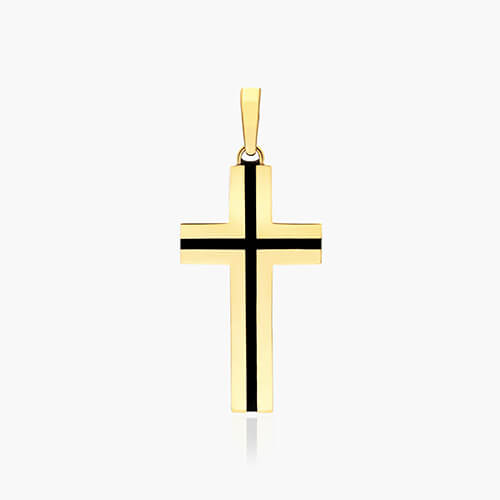 14K Yellow Gold Fancy Black Enamel Accent Cross