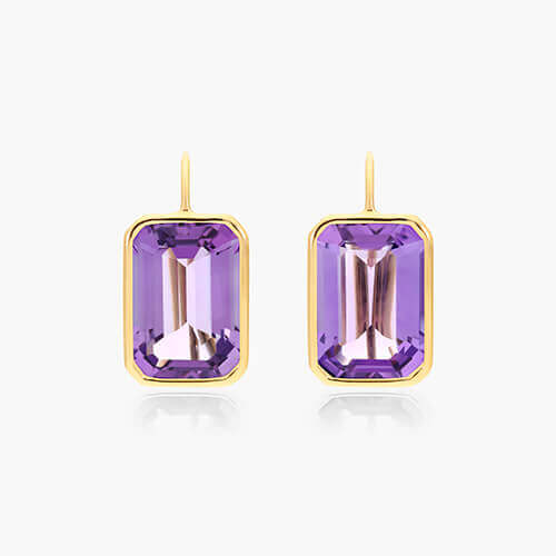 18K Yellow Gold Emerald Cut Amethyst Drop Earrings (15.0x10.0mm)