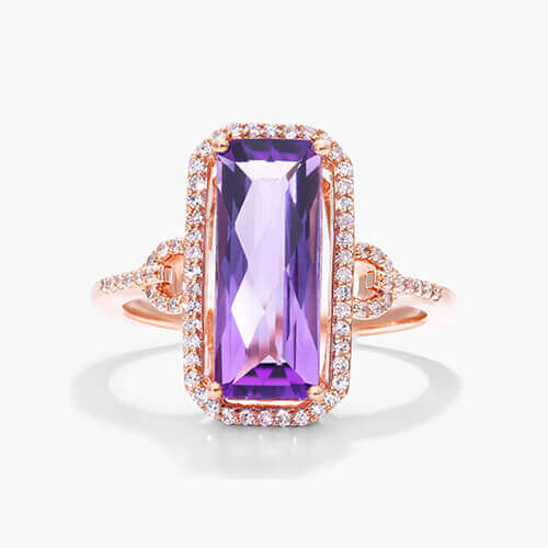 14K Rose Gold Emerald Cut Amethyst And Diamond Halo Cocktail Ring (15.0x6.0mm)