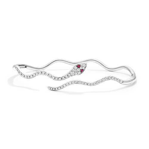 14K White Gold Snake Motif Diamond And Ruby Bracelet